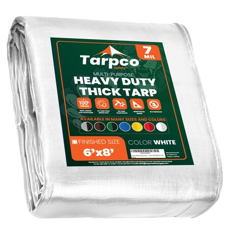 Tarpco Safety Heavy Duty Tarp, 8 ft L x 0.5 mm H x 6 ft W, 7 Mil, White, Polyethylene TS-204-6X8